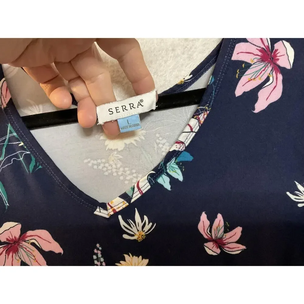 Serra Dress Womens Large Navy Blue Floral 3/4 Sleeve V Neck Shift Stretch Jersey